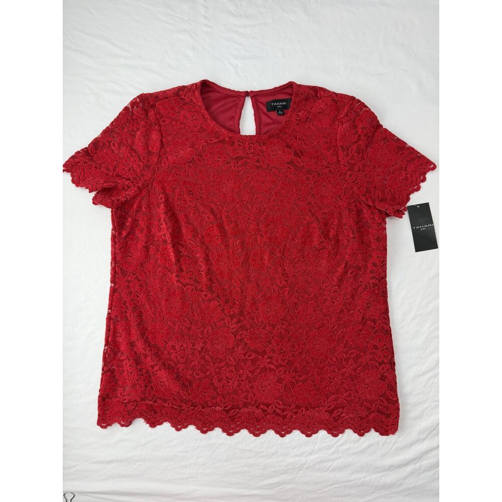 TAHARI ASL Womens Lace Top L Red Short Sleeve Scalloped Hem Keyhole Back New NWT